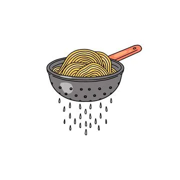 Colander with fresh cooked spaghetti cartoon style icon. Metal kitchenware Stock Illustration