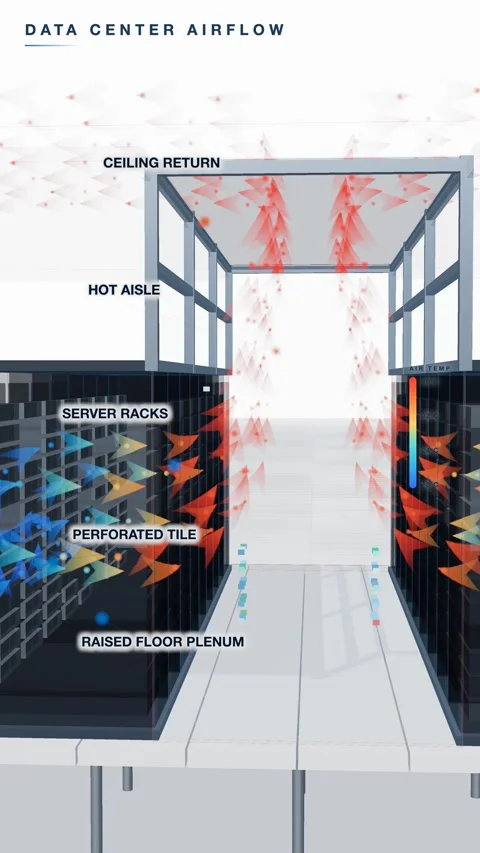Cold Air Rises Through Perforated Floor Tiles And Heats Across Server Racks 스톡 동영상 344375603