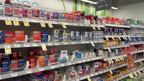 Cold and Flu Aisle in Pharmacy Stock Footage 250276867