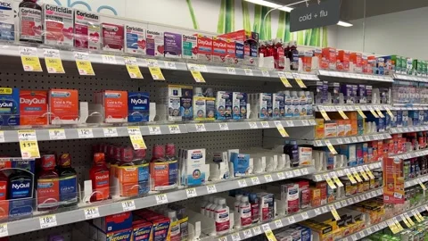 Cold and Flu Aisle in Pharmacy Stock Footage 250276980