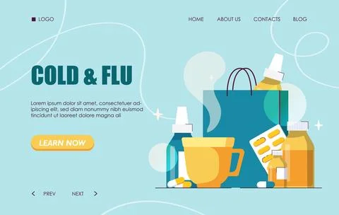 Cold and flu treatment concept on blue background. Stock Illustration