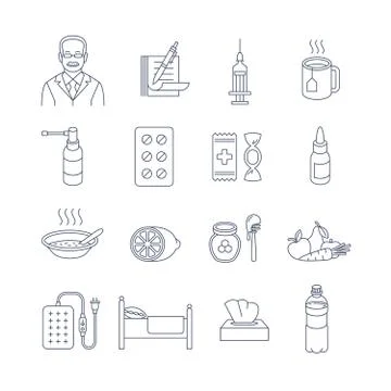 Cold and flu treatment thin line contour icons Stock Illustration