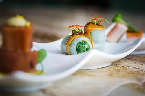 Cold appetiser platter: Pea Starch Noodle Rolls Filled Vegetable with Sesame  Stock Photos