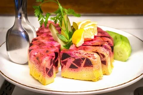 Cold Appetizer - Herring and Beetroot Mousse with Lemon and Herbs Stock-Fotos