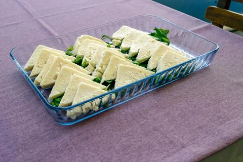 The cold appetizer piece cheese on serving plate from Turkey restaurant. Stock Photos