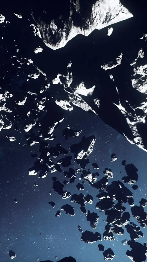 Cold asteroid assembly slowly moves through cosmic darkness with grace Stock Footage 326206267