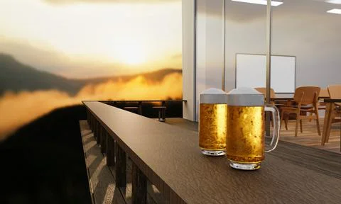 Cold beer in a clear glass bubble and beer foam Put on a long wooden table On Stock Illustration