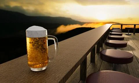 Cold beer in a clear glass bubble and beer foam Put on a long wooden table On Stock Illustration