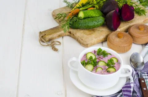 Cold beet soup with cucumbers. Studio Photo Stock Photos