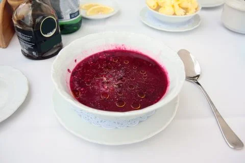 Cold beet soup on the table Stock Photos