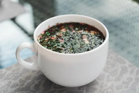 Cold beetroot and herb soup, beetroot cold soup. A popular summer dish in Stock Photos