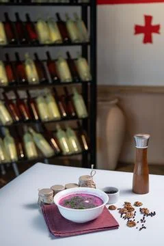 Cold beetroot soup with cucumber, boiled egg, dill and yogurt in bowl on table Stock Photos