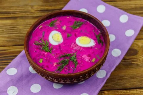 Cold beetroot soup on a wooden table Stock Photos