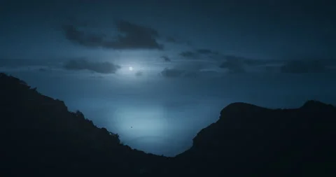 Cold blue light nigth sky. Aerial moonlight landscape. Dramatic midnight island Stock Footage 219944664