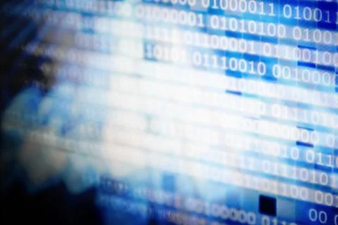 Cold blue white binary winter. lines of binary codes moving from right to lef Foto stock