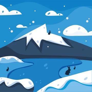Cold blue winter landscape with a mountain and rabbits Vector Stock Illustration