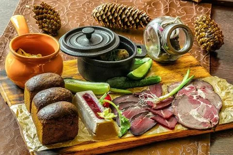 Cold-boiled pork in composition bread butter Stock Photos