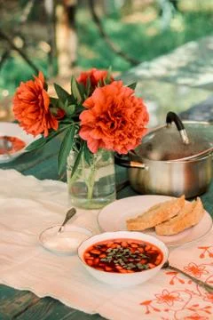 Cold borscht on hot days. beetroot soup Stock Photos