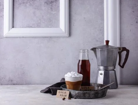 Cold brew coffee with cold foam. Stock Photos