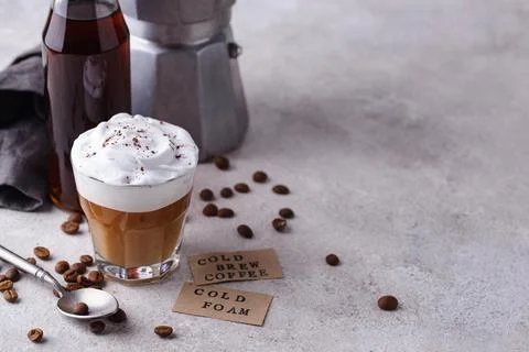 Cold brew coffee with cold foam. Stock Photos