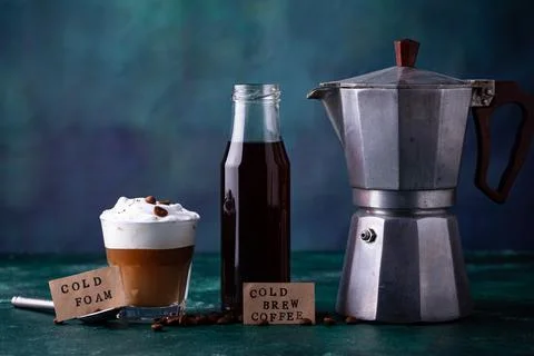 Cold brew coffee with cold foam. Stock Photos