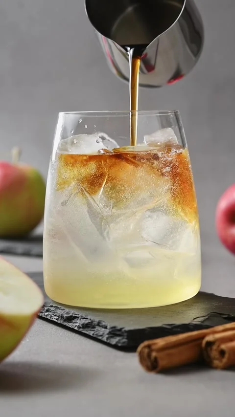 Cold brew coffee pours over iced apple cider tonic creating distinct layered Stock Footage 345557111