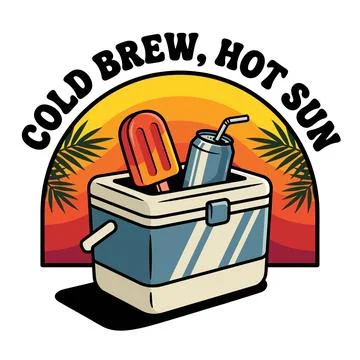 Cold Brew Hot Sun Retro Badge with Cooler and Popsicle Stock Illustration