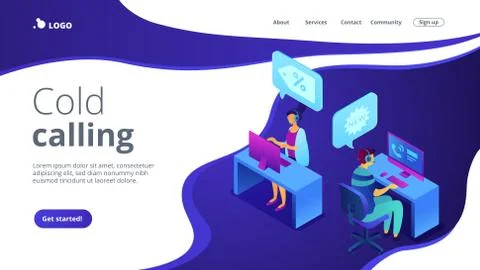 Cold calling isometric 3D landing page. Illustrazione stock