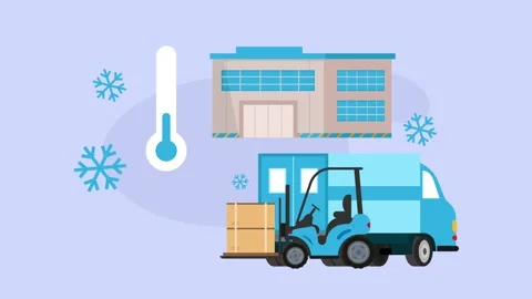Cold Chain Logistics with Forklift and Refrigerated Delivery Truck cartoon .. Stock Footage 337940690