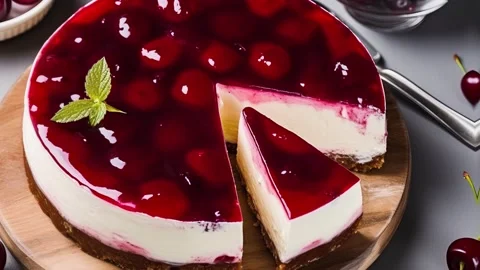Cold cheesecake with cherry jelly, Top view Stock Footage 239110915