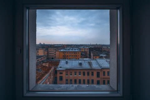 Cold City Landscape Through Square Window Indoors Residential District Stock Photos