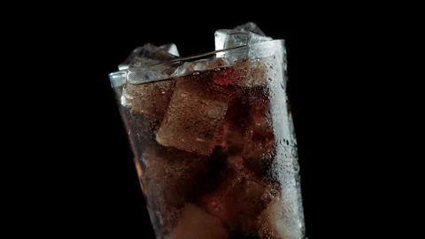 Cold Cola Soda with Ice Cubes in Glass, Close Up Stock Footage 346088478