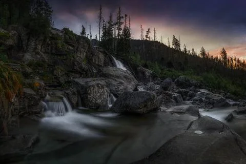 Cold Creek Falls in the evening light in summer Studenovodske vodopady Stock Photos