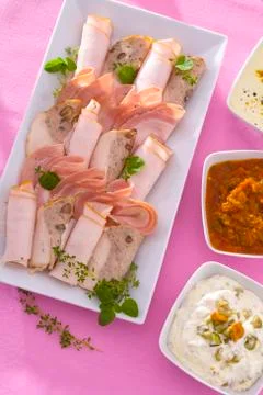 Cold cut platter with three different dips Stock Photos