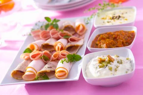 Cold cut platter with three different dips Stock Photos