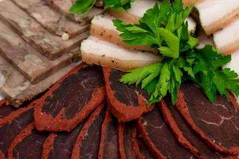 Cold cuts of brawn, basturma and bacon Stock Photos