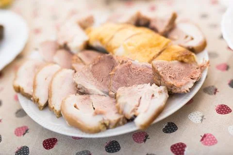 Cold cuts of different types of cooked meat on plate Stock Photos