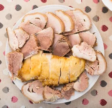 Cold cuts of different types of cooked meat on plate. top view Stock-Fotos