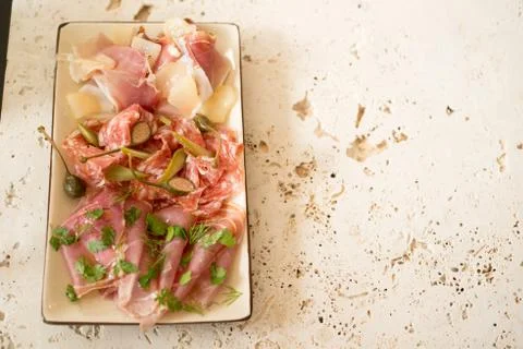 Cold Cuts in Rectangular Plate with Copy Space Stock Photos