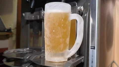 Cold Draft Beer Filling a Frosted Mug, Izakaya Japan, Sign: Please Clean Filter Stock Footage 345422850