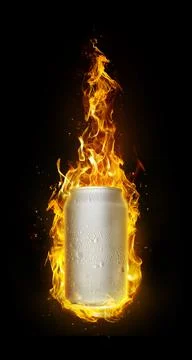 Cold drink cans in flames. Refreshing drink concept for summer. 3d render Stock Photos