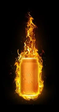 Cold drink cans in flames. Refreshing drink concept for summer. 3d render Stock Photos