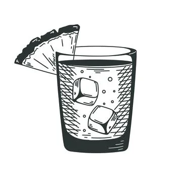 Cold drink with ice and pineapple ink sketch Stock Illustration