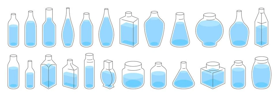 Cold drinks juices water and other liquid bewerage glass and plastic bottles set Stock Illustration