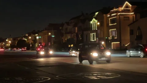 Cold Evening Lights San Francisco Marina Cars and Lights Stock Footage 144576118