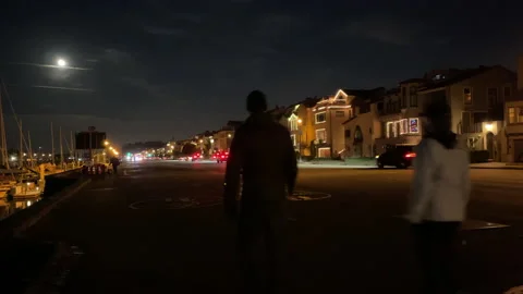 Cold Evening Stroll Full Moon People Walking at Night San Francisco Stock Footage 144573056