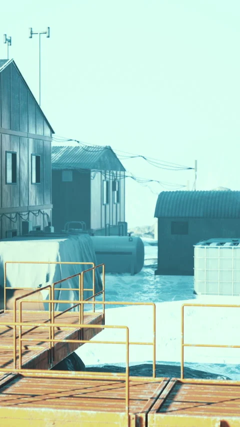 Cold exploration base with orange walkway surrounded by snow covered mountains Vídeos de archivo 329135586