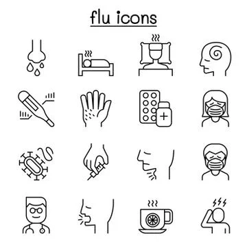 Cold, flu, allergy &amp; sick icon set in thin line style Stock Illustration