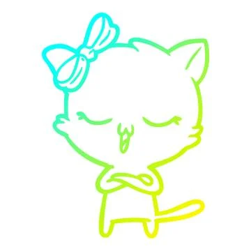 Cold gradient line drawing cartoon cat with bow on head Stock Illustration