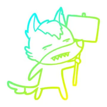Cold gradient line drawing cartoon wolf with sign post showing teeth Stock Illustration
